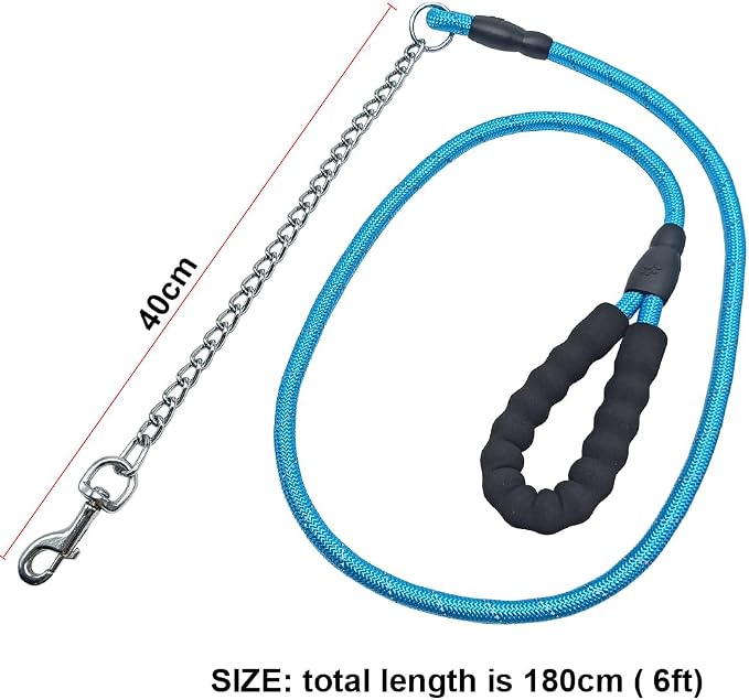 BTINESFUL 6FT Chewproof Dog Leash, Strong Nylon Rope with Anti-Chewing Chain and Padded Handle for Medium Large Dogs Outdoor Training Walking Hiking (Blue)