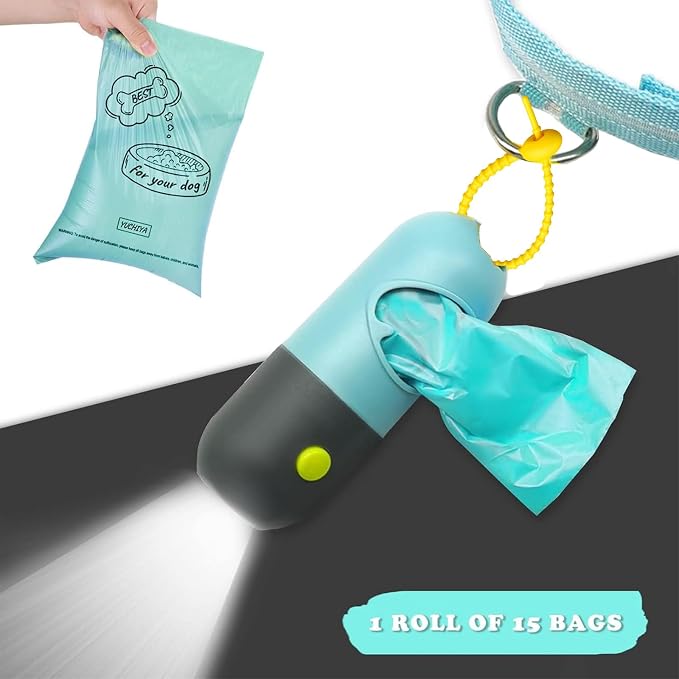 Dog Poop Bag Holder with LED Flashlight for Night Walks,Silicone Tether & Panda Pattern Clip for Used Bags, Hands-Free Metal Leash Carabiner, Includes 15 Scented Waste Bags (Crystal Blue)