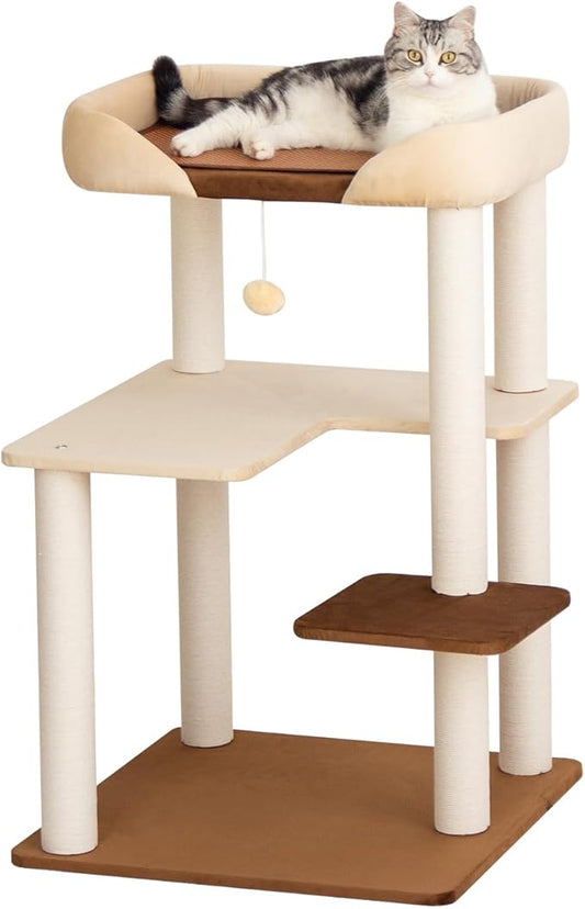 Cat Tree for Large Cats, Modern Senior Friendly Cat Tower with Wide Shelves, Cotton Scratching Posts, Super Sturdy Base, Cozy Perches, and Interactive Toys for Indoor Kittens, 37.4'' Cream.