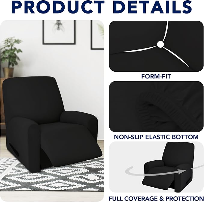 PureFit 100% Dual Waterproof Couch Cover Slipcovers for Couches and Sofas - Stretch Non Slip Fleece Sofa Covers Washable, Leakproof Furniture Protector for Kids, Pets, Dog (Recliner, Black)