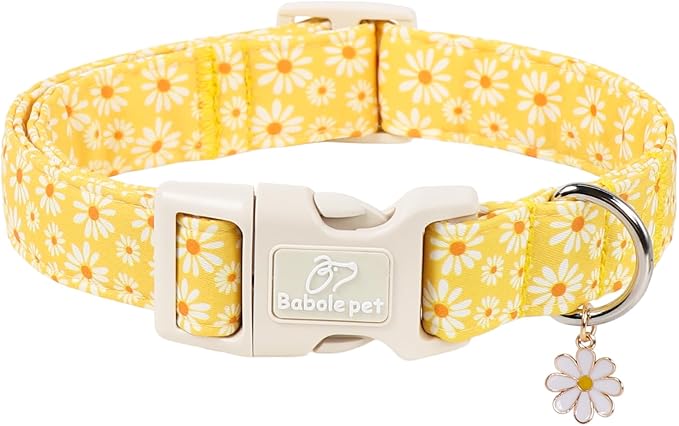 Yellow Daisy Dog Collar Cute Summer Dog Collars for Large Dogs - Lightweight Adjustable Girly Floral Female Dogs Everyday Collar with Safety Buckle L