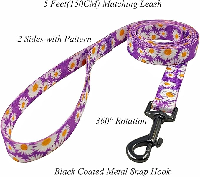 Dog Collar and Leash Set, Cute Daisy Pattern, Polyester Material, 5ft Leash, for Medium Dogs.(Medium,Purple Daisy)