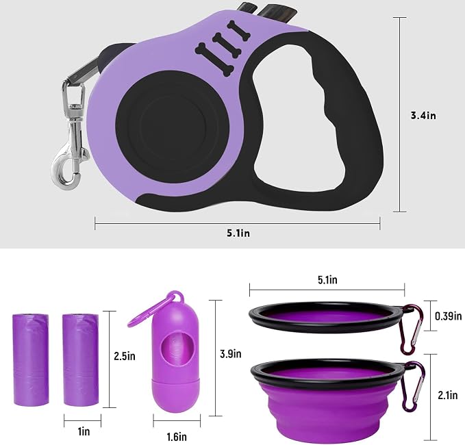 Retractable Dog Leash Automatic Telescopic Tractor Dog Tape, Pet Tape 10/16 FT Durable and Convenient, with Folding Bowl, Dispenser, Rubbish Bags, Suitable for Small and Medium Dogs