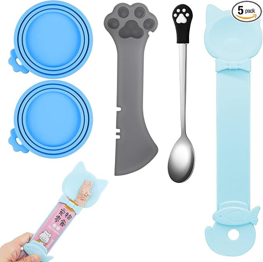 5 PCS Cat Food Can Covers Lids Set, Silicone Pet Food Can Lids with Multi-Function Cat Food Spoon and Opener, Cat Bar Squeezer, Stainless Steel Wet Food Spoon for Cats and Dogs (Blue)
