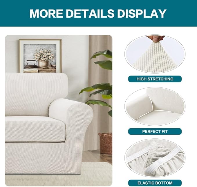 Turquoize 2 Piece Chair Covers Armchair Slipcovers for Living Room Armchair Sofa Cover with Individual Cushion Covers Feature Jacquard Fabric (Chair, Porcelain White)