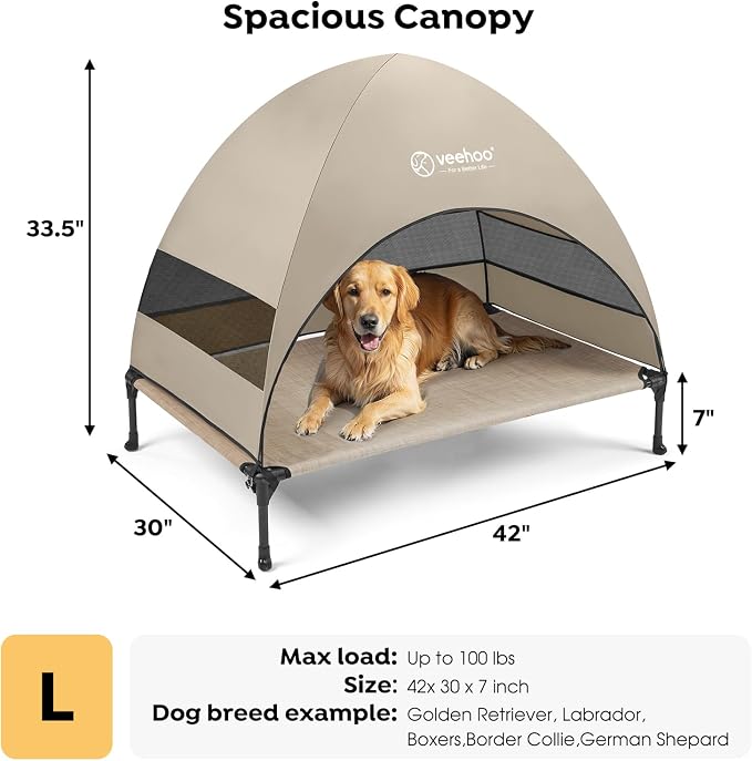 Veehoo Outdoor Dog Bed with Canopy, Cooling Elevated Dog Bed with Removable Shade, Non-Slip Feet, Raised Dog Cot Bed for Large Dogs, Dog Tent Bed for Camping, Beach, Large, Beige Coffee CWC2411
