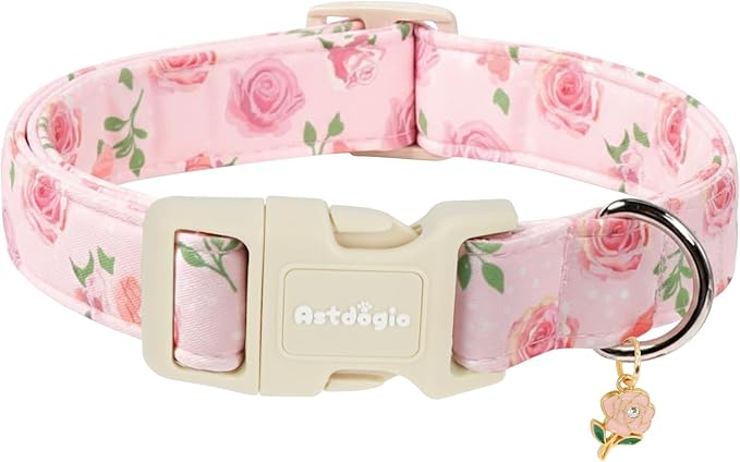Spring Summer Dog Collar with Pink Rose,Adjustable Cotton Puppy Collars for Small Medium Large Dogs, Cute Girl or Boy Dog Collar Ideal for Gifts,Pet Accessory,M