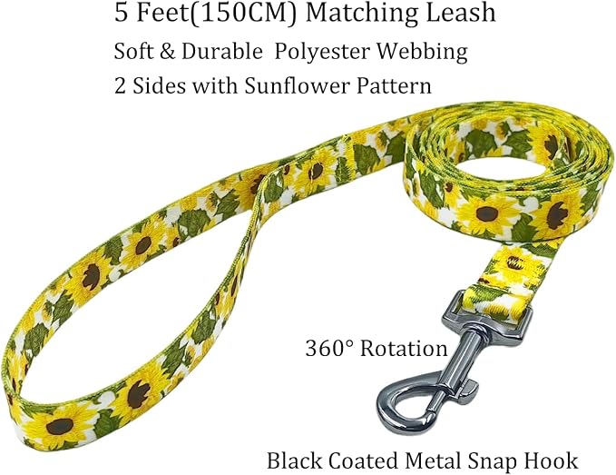Dog Collar Leash Set, Floral Pattern, 5ft Matching Leash, Polyester Material, 4 for Small Medium Large Dogs.(S, Sunflower)
