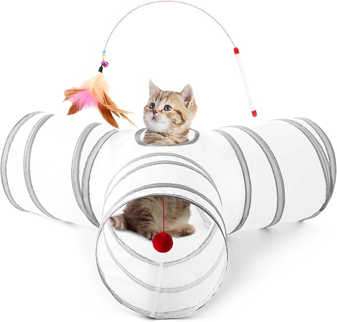 Tempcore Cat Tunnel for Indoor Cats, 3 Way Collapsible Pet Play Tunnel with Teaser Wand, Peek Holes & Hanging Ball, Interactive Tube for Kittens & Rabbits, White & Light Grey