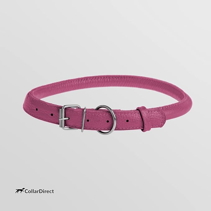 CollarDirect Rolled Leather Dog Collar, Soft Padded Round Puppy Collar, Handmade Genuine Leather Collar Dog Small Large Cat Collars 13 Colors (8-11 Inch, Pink Textured)