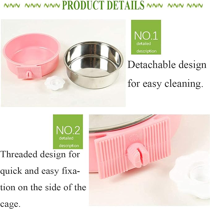 kathson Crate Dog Bowl, Removable Stainless Steel Hanging Pet Cage Bowl Food & Water Feeder Coop Cup for Cat, Puppy, Birds, Rats, Guinea Pigs (2 PCS, Size: M, Green and Pink)