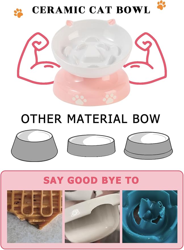 Y YHY Ceramic Slow Feeder Cat Bowl, Elevated Cat Bowl Tilted Design Slow Feeder for Dog and Cat for Dry and Wet Food, Pink