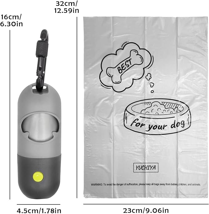 Dog Poop Bag Holder with LED Flashlight for Night Walks,Silicone Tether &Dachshund Pattern Clip for Used Bags, Hands-Free Metal Leash Carabiner, 15 Scented Waste Bags (Gray)