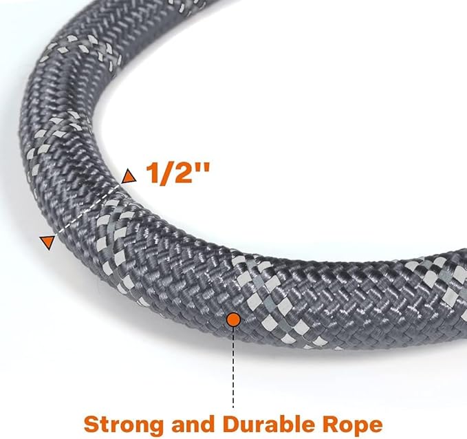 Taglory Rope Dog Leash 4 FT with Comfortable Padded Handle, Highly Reflective Threads Leash and Anti-Tangle Clip for Walking Medium Large Dogs, 1/2 inch, Grey