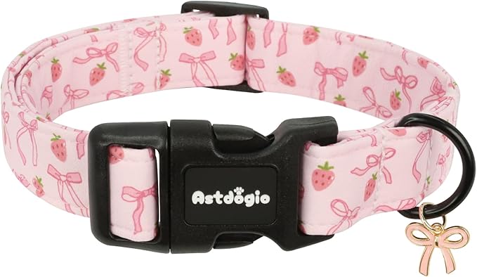 Large Dog Collar, Girl Boy Dog Collars with Pink Bow & Strawberry Pattern, Adjustable Cotton Pink Dog Collar for Large Dogs, Cute Holiday Collars for Dogs, Ideal for Pet Accessory