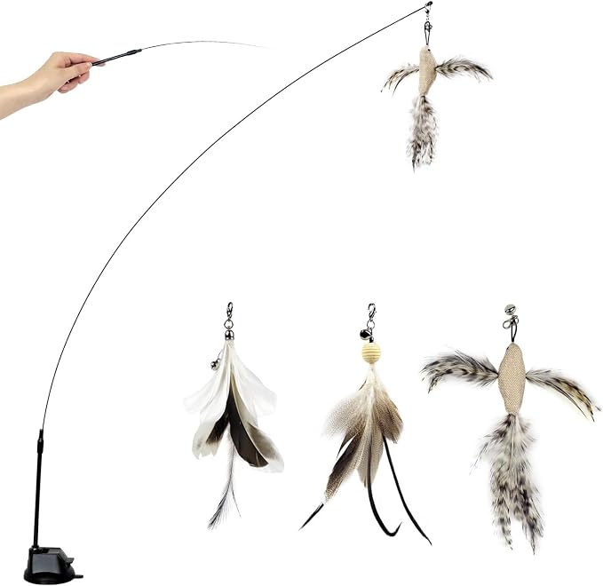 TTcat Cat Wand Toys with Suction Cup, Interactive Bird Simulation Cat Toy Set,Cat Teaser Cat Toys,Flexible Steel Wire and 3Pcs Replacement Feather Refills with Bells.