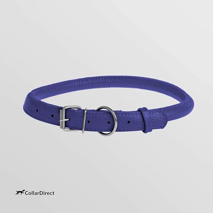 CollarDirect Rolled Leather Dog Collar, Soft Padded Round Puppy Collar, Handmade Genuine Leather Collar Dog Small Large Cat Collars 13 Colors (15-19 Inch, Purple Textured)