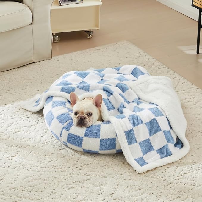Ohocut Checkered Dog Blanket, Blue Jacquard Sherpa Blankets for Small Dog and Cats, Cute Aesthetic Style Fluffy Fleece Pets Blanket for Couch Protection Washable, 30"x40"