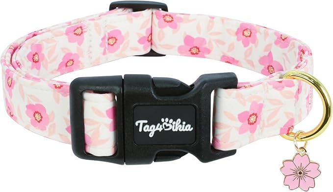 Dog Collar with Pink Cherry Blossom Patterns, Spring Summer Collection Dog Collar with Exquisite Pendant, Durable Adjustable Collars for Gifts & Daily Use-S