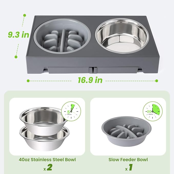 Heeyoo Elevated Dog Bowls - 5 Adjustable Heights Stand, 2 Stainless Steel Bowls & 1 Slow Feeder, 3.2" to 12.2" for Small to Large Dogs