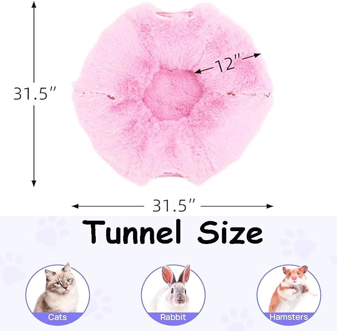 Cat Bed Tunnel Tube Toy Pink Plush Round, Collapsible Pet Tunnels for Indoor Cats, Interactive Toys Play Tubes with Hanging Ball for Kitty, Puppy, Rabbit for Fun Playtime & Exercise