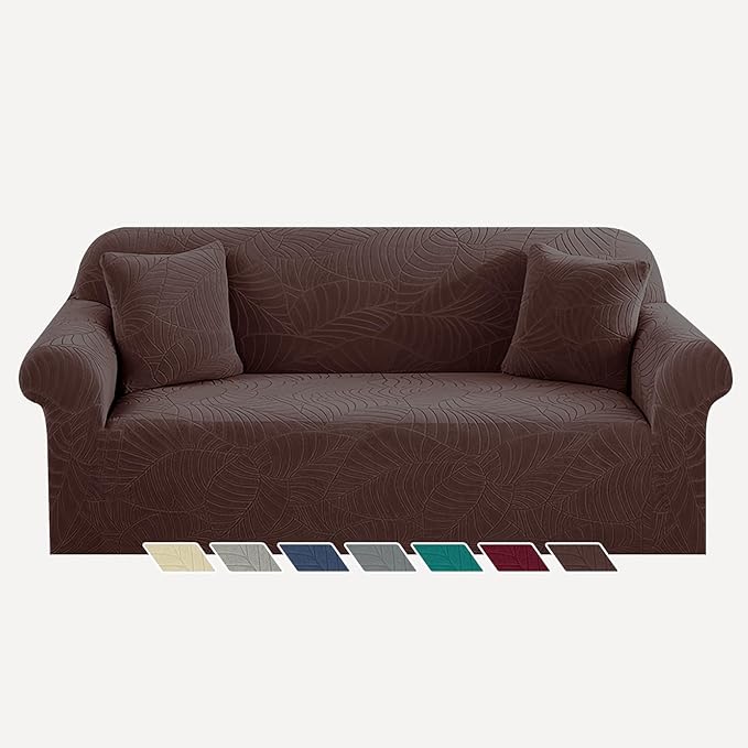 YEMYHOM Couch Cover Latest Jacquard Design High Stretch Sofa Covers for 3 Cushion Couch, Pet Dog Cat Proof Slipcover Non Slip Magic Elastic Furniture Protector (Large, Begonia Leaf Coffee)