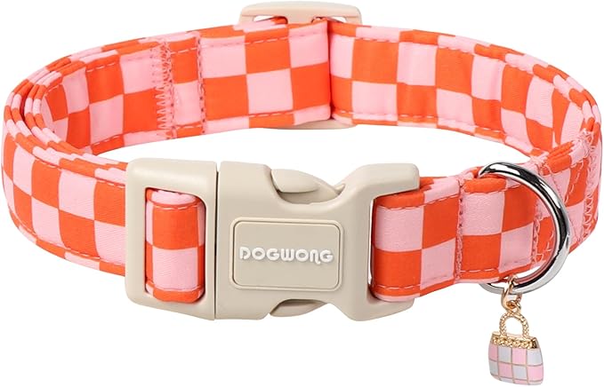 DOGWONG Pink Plaid Dog Collar, Pink Girl Dog Collars, Adjustable Cute Pet Collars Girl Design Dog Collar for Small Medium Large Dogs,M