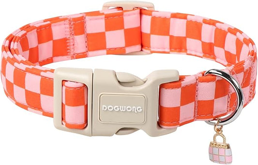 DOGWONG Pink Plaid Dog Collar, Pink Girl Dog Collars, Adjustable Cute Pet Collars Girl Design Dog Collar for Small Medium Large Dogs,L