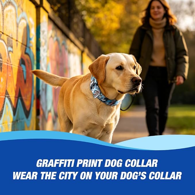 TSPRO Tactical Heavy Duty Dog Collar 1.5 Inch Wide & Thick, Durable Metal Buckle, Adjustable for Medium to Large Dogs, Strong & Comfortable for Daily Use (Edgy Graffiti Print, L)