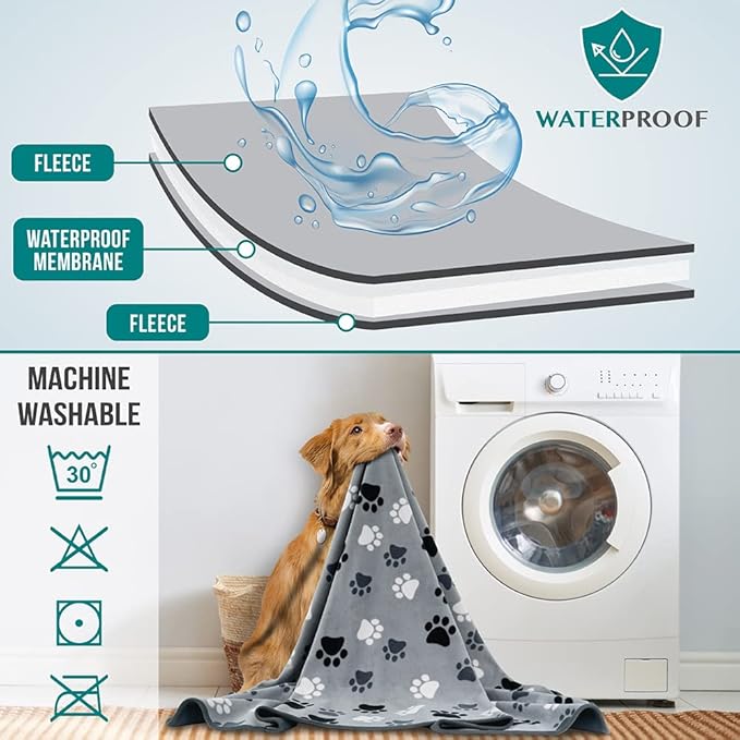 PetAmi Waterproof Dog Blanket for Small Medium Dogs Cats, Pee Proof Reversible Cat Blanket for Kitten Puppy, Soft Fleece Washable Pet Throw for Couch Car Crate Liner, 29x40 Paw Print Gray