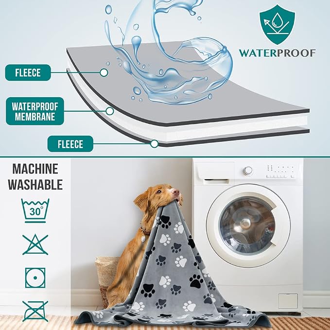 PetAmi Waterproof Dog Blanket for Couch, Pee Proof Reversible Cat Blanket for Sofa Bed Furniture Protector, Soft Fleece Washable Pet Throw for Dogs Cats Puppies Kittens, 60x80 Paw Print Gray
