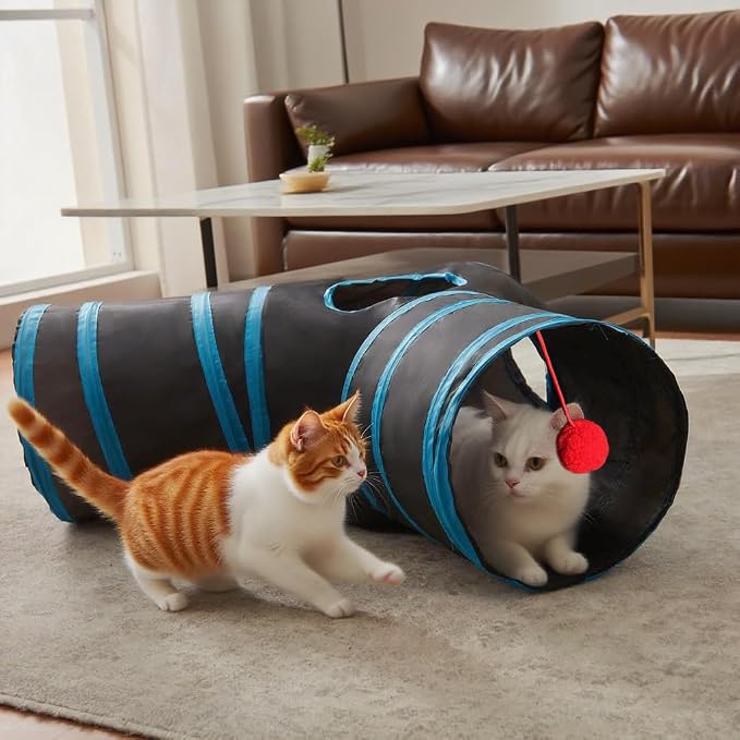 3-Way Collapsible Cat Tunnel Tube Toy Black Blue — Interactive Play Tunnel with Hanging Ball & Peek Hole for Indoor Cats, Kittens, Puppies & Rabbits | Hours of Fun & Exercise