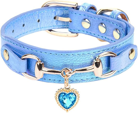 THAIN Fashion Dog Collar with Bling Diamonds & Heart Charm – 5 Holes Adjustable PU Leather Rhinestones Necklace Collar, Gold Buckle for Small Medium Dogs boy (Blue, S)