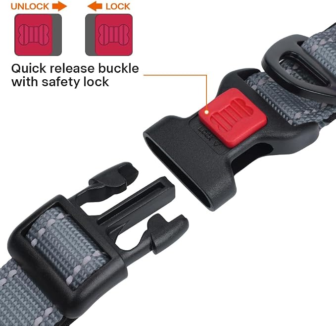 Taglory Reflective Dog Collar for Large Dogs, Soft Neoprene Padded with Escape-Proof Locking Buckle, Upgraded Zinc Alloy Ring, Adjustable for Pitbull Labrador Retriever, Grey,L