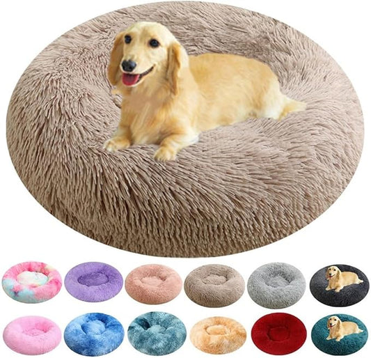 Calming Donut Dog Bed, 47 Inch Round Fluffy Dogs Beds for Extra Large Dogs, Anti-Anxiety Donut Cuddler Cat Bed with Anti-Slip Bottom, Fluffy Faux Fur Washable Pet Beds, Khaki