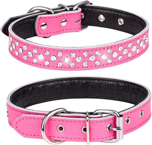 Rhinestone Dog Collar, Adjustable Cute Dazzling Sparkling Soft Leather Dog Collar Crystal Diamond Pet Dog Puppy Collar (S, Hot Pink)
