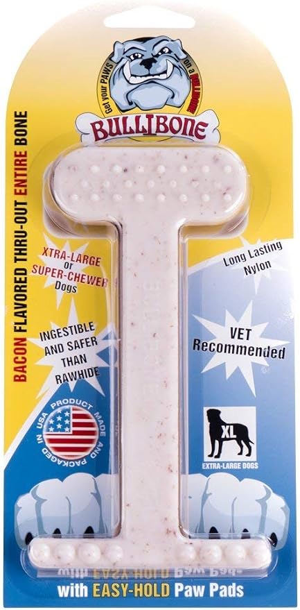 Bullibone Nylon Dog Chew Toy for Aggressive Chewers - Dental Hygiene Bone with Bacon Flavor, Durable Tough Chew Toys for Extra Large Dogs, Indestructible Dog Bone - Single