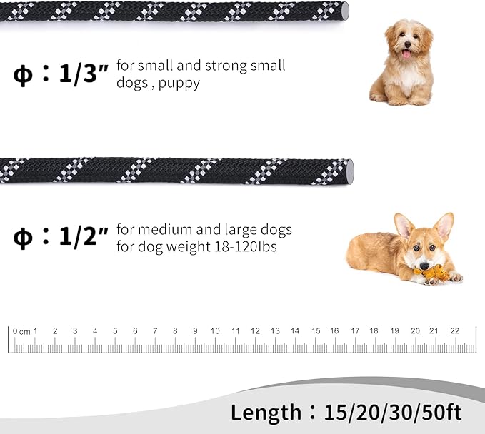 Long Dog Leash for Training 15Ft-Reflective Nylon Rope with Swivel Hook-Recall Agility Lead for Large Small Medium Dogs Outside Walking Hiking-Black