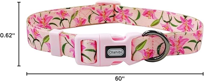 Dog Collar Leash Set, Floral Pattern, Polyester Material, Adjustable Collar and 5ft Matchcing Leash, 5ft Leash, for Small Dogs.(S, Pink Lily)