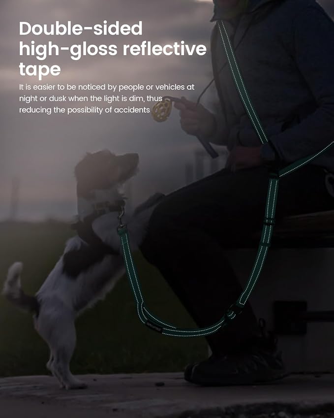 Hands Free Dog Leash, Multifunctional Crossbody Dog Leash, 5.9-9.5Ft Long Waist Belt with Car Seatbelt and Double-Sided Reflective Stitches for Medium and Large Dogs Walking, Jogging(Green)