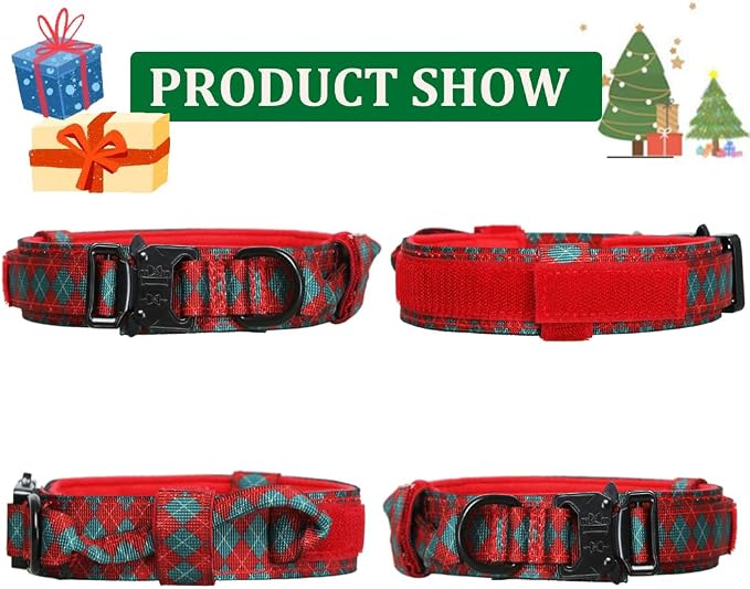 Christmas Tactical Dog Collar and Leash Set Adjustable Nylon Collar Dog Training Collar Leash Set with Control Handleand （Christmas Green L