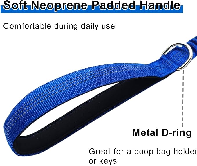 2FT Bungee Dog Leash, Short Nylon Traffic Leash with Padded Handle, Reflective Thread, Shock Absorbing for Large Medium Dogs Training Controlling Walking, Dark Blue