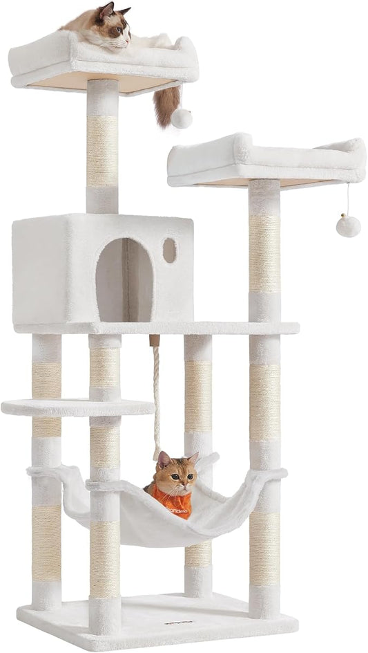Feandrea Cat Tree, 55.8-Inch Cat Tower, Multi-Level Plush Condo with 11 Scratching Posts, 2 Perches, Hammock, Cave, Light Warm White UPCT015W02