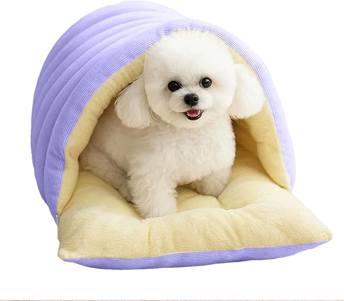 Winter Cave, Cozy Covered Dog Bed with Removable Washable Cover, Enclosed Plush Warmth for Small Large Dogs Cats, Calming Security Pet Den for Indoor Outdoor Use,Purple,M