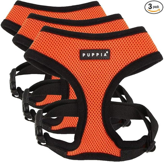 Puppia Soft Dog Harness No Choke Over-The-Head Triple Layered Breathable Mesh Adjustable Chest Belt and Quick-Release Buckle, Orange, Medium (Pack of 3)