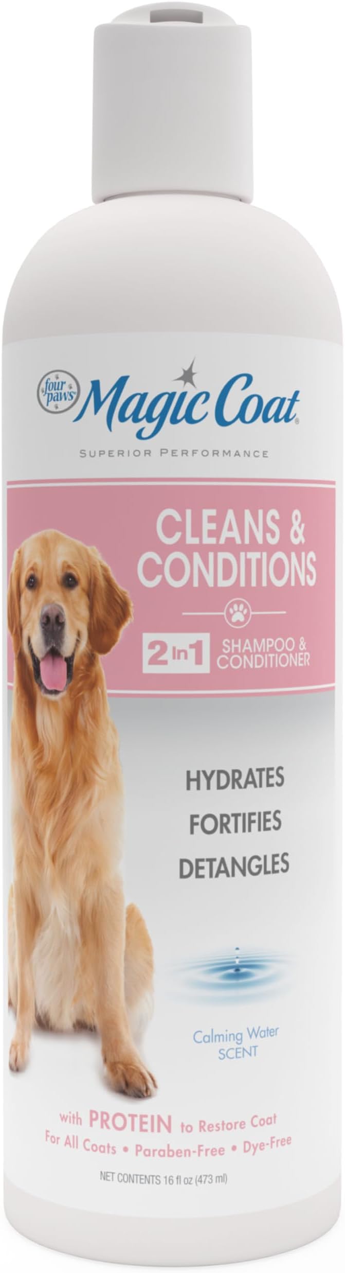 Four Paws Magic Coat Cleans & Conditions 2-in-1 Shampoo and Conditioner for Dogs, Moisturizing Dog Wash for Itchy Dry Skin, Dog Grooming, Calming Water Scent, 16 Ounce