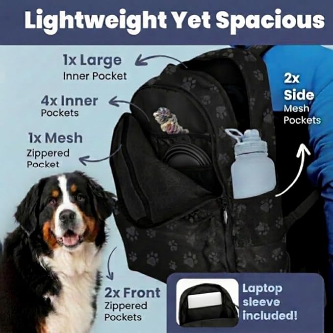 Dog Travel Bag for Supplies - Complete Dog Diaper Bag Backpack with 2 BPA-Free Travel Bowls, Treat Pouch, Food Container, Placemat & Laptop Sleeve – for Traveling, Road Trips, Hiking: Black-Paw Print