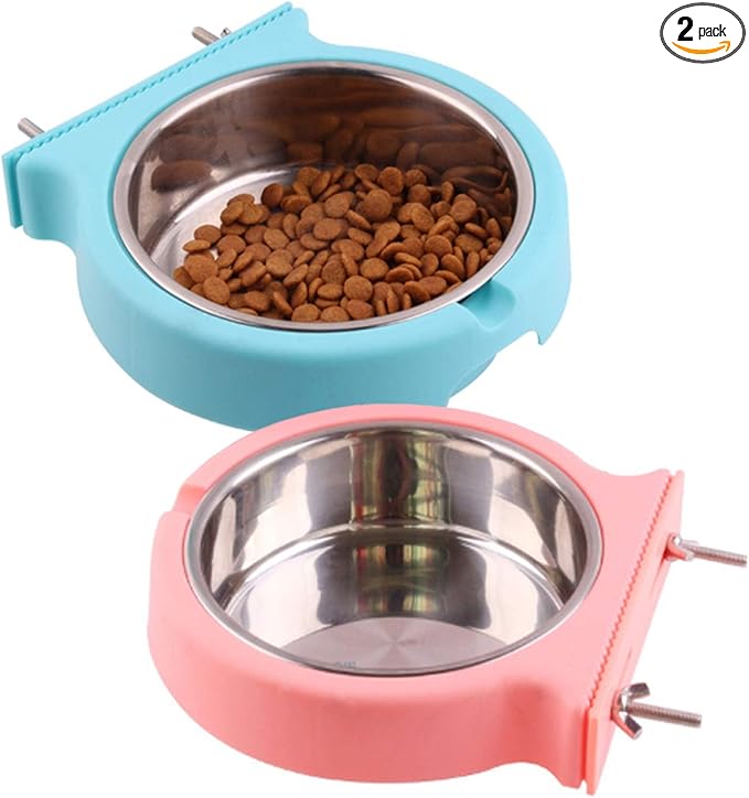kathson Crate Dog Bowl, Removable Stainless Steel Hanging Pet Cage Bowl Food & Water Feeder Coop Cup for Cat, Puppy, Birds, Rats, Guinea Pigs (2pcs, Pink and Blue)