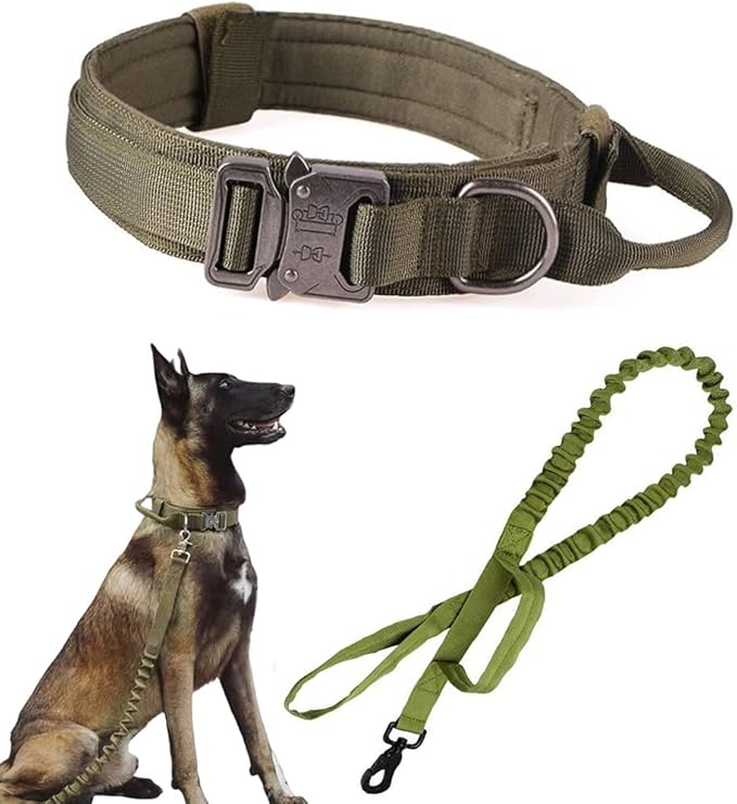 Tactical Dog Collar and Leash Set Adjustable Military Nylon Dog Collar with Control Handle and Heavy Duty Metal Buckle for Large Dogs（Green XL
