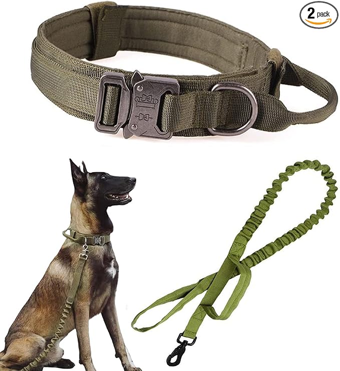 Tactical Dog Collar and Leash Set Adjustable Military Nylon Dog Collar with Control Handle and Heavy Duty Metal Buckle for Large Dogs（Green M
